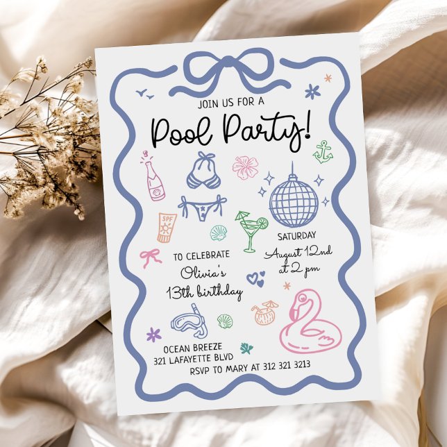 Hand Drawn Summer Fun Pool Party Birthday Invitation (Creator Uploaded)