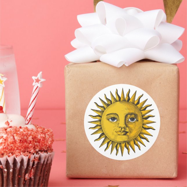 Hand drawn sun with a face design  classic round sticker (Party)