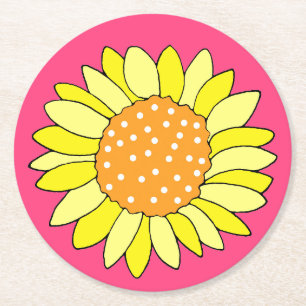 Hand Drawn Sunflower Pink Background Round Paper Coaster