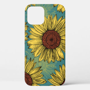 Hand-Drawn Sunflowers Mint Blue iPhone 12 Case