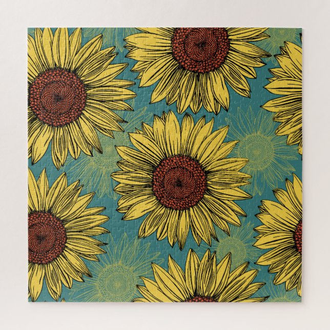 Hand-Drawn Sunflowers Mint Blue Jigsaw Puzzle (Vertical)
