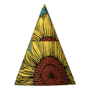 Hand-Drawn Sunflowers Mint Blue Party Hat