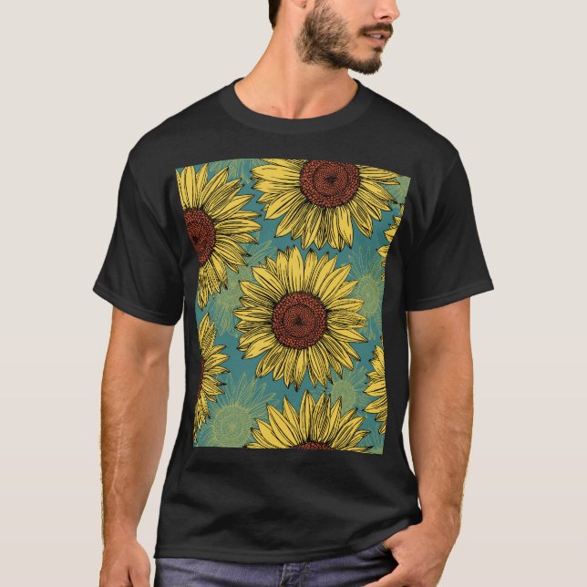 Hand-Drawn Sunflowers Mint Blue T-Shirt (Front)