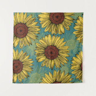 Hand-Drawn Sunflowers Mint Blue Tapestry