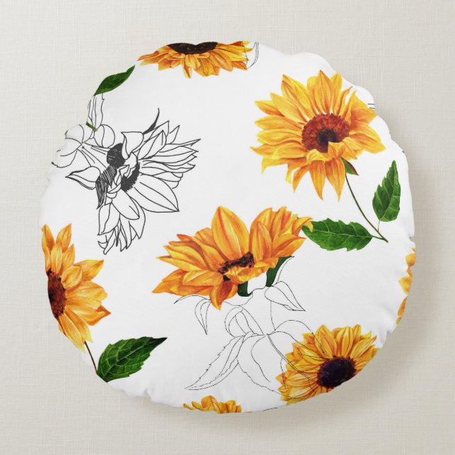 Hand-drawn sunflowers: vibrant yellow pattern. round cushion (Front)