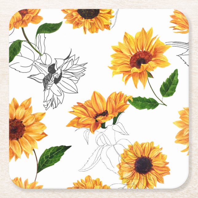 Hand-drawn sunflowers: vibrant yellow pattern. square paper coaster (Front)