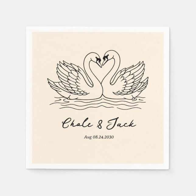 Hand Drawn Swan Couple Doodle Wedding Napkins (Front)