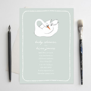 Hand Drawn Swan Mama & Baby Shower Green Girl Invitation