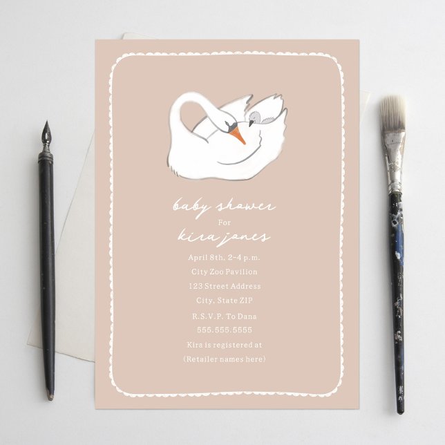 Hand Drawn Swan Mama & Baby Shower Pink Girl Invitation (Creator Uploaded)