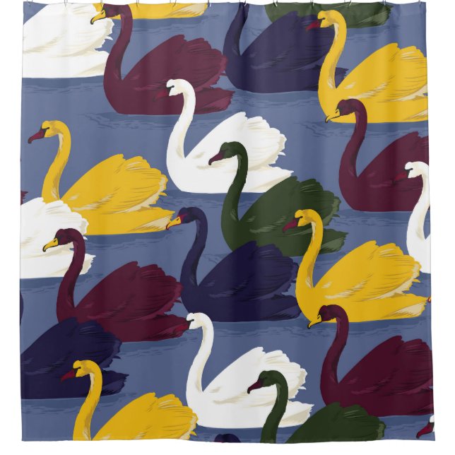 Hand-drawn swans, blue lake pattern. shower curtain (Front)