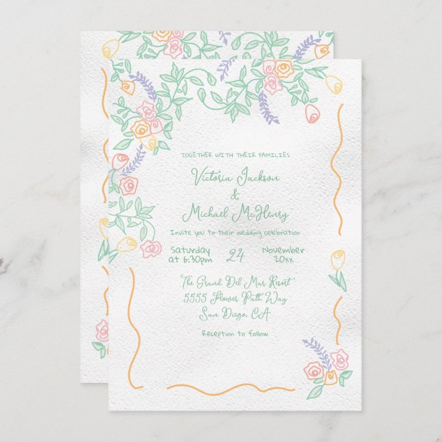 Hand drawn Sweet Wild Flower Wedding Invitation (Front/Back)