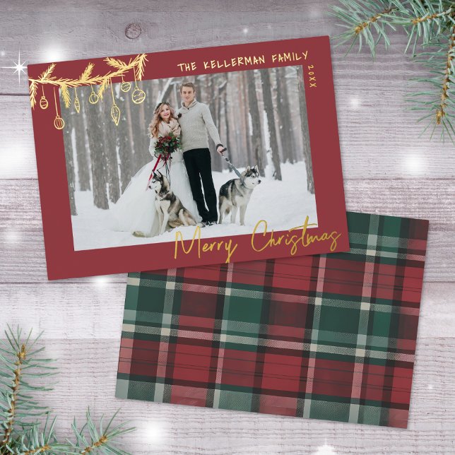 Hand Drawn Tartan Red Gold Merry Christmas (Hand Drawn Tartan Red Gold Merry Christmas Foil Holiday Card)