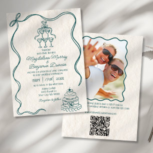 Hand Drawn Teal Retro Bow Photo All in One Wedding Invitation