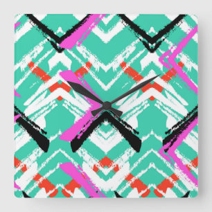 Hand Drawn Teal Zig Zag Pattern Square Wall Clock