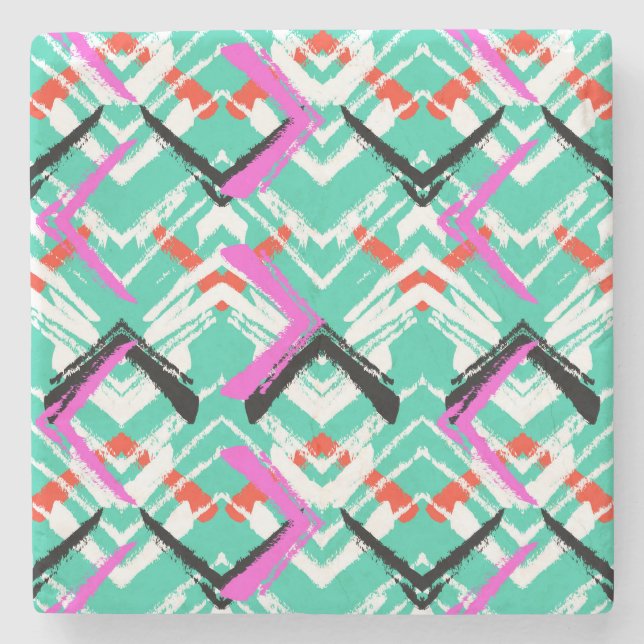 Hand Drawn Teal Zig Zag Pattern Stone Coaster (Front)