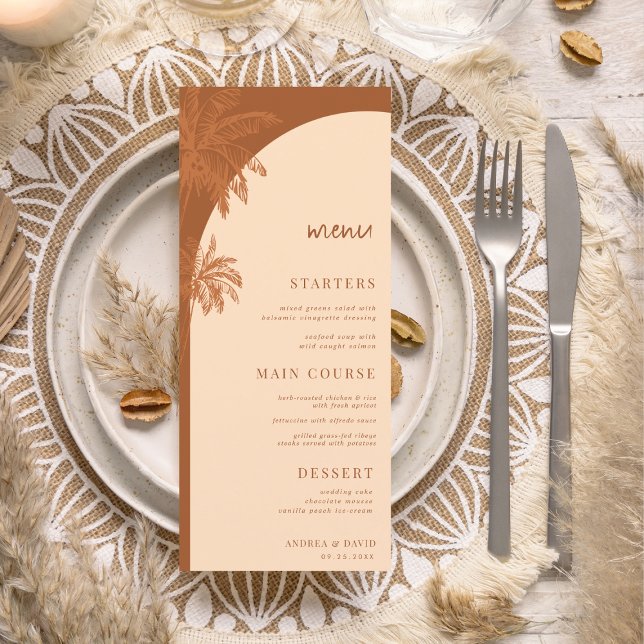 Hand Drawn Terracotta Palm Tree Boho Beach Wedding Menu (Creator Uploaded)