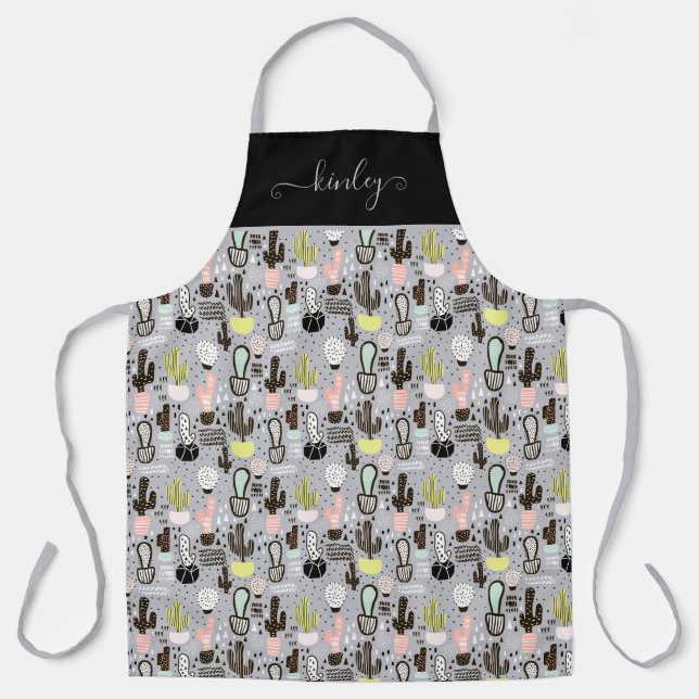 Hand Drawn Textured Cactus Pattern Apron (Front)