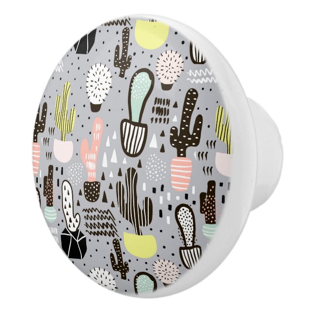 Hand Drawn Textured Cactus Pattern Ceramic Knob (Right)