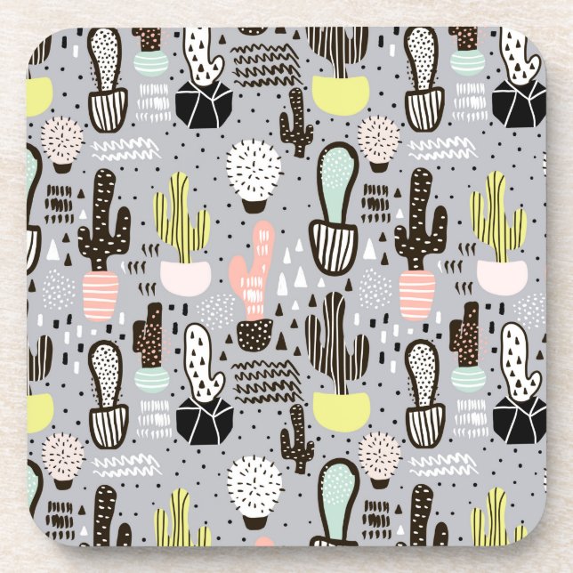 Hand Drawn Textured Cactus Pattern Coaster (Front)