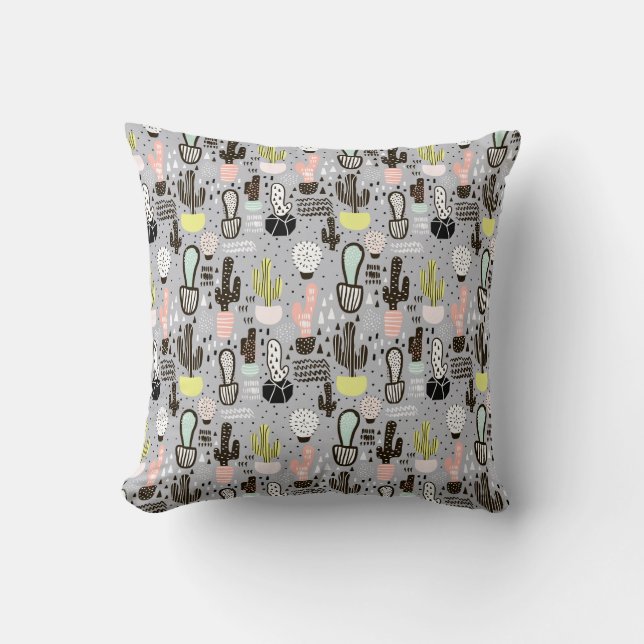 Hand Drawn Textured Cactus Pattern Cushion (Front)