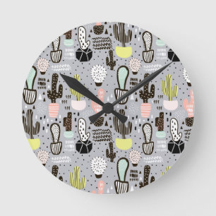 Hand Drawn Textured Cactus Pattern Round Clock