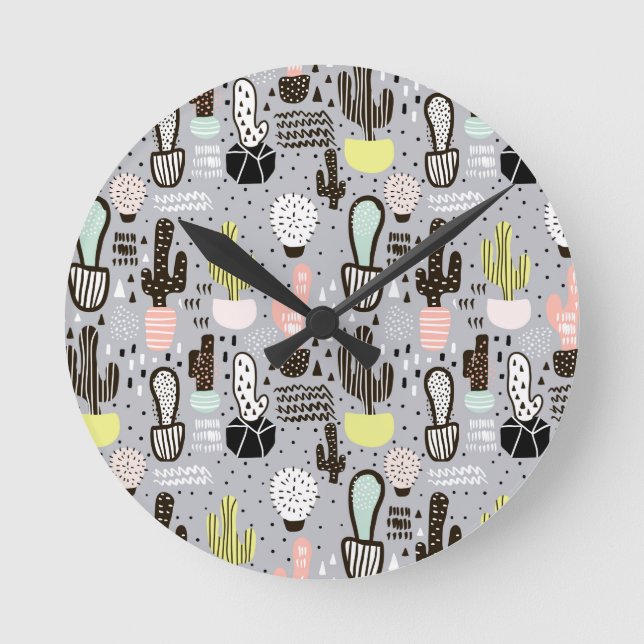 Hand Drawn Textured Cactus Pattern Round Clock (Front)