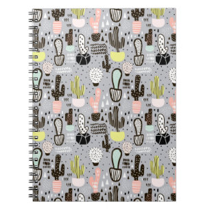 Hand Drawn Textured Cactus Pattern Spiral Notebook
