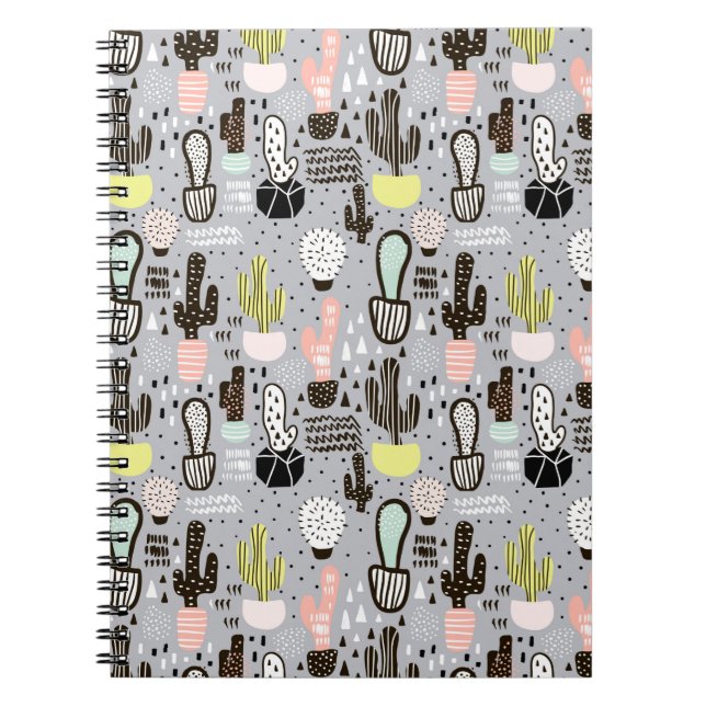 Hand Drawn Textured Cactus Pattern Spiral Notebook (Front)