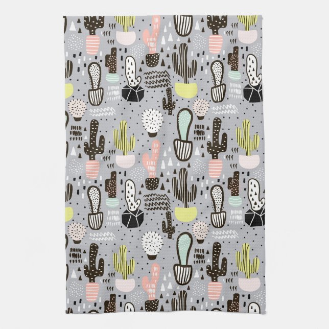 Hand Drawn Textured Cactus Pattern Tea Towel (Vertical)