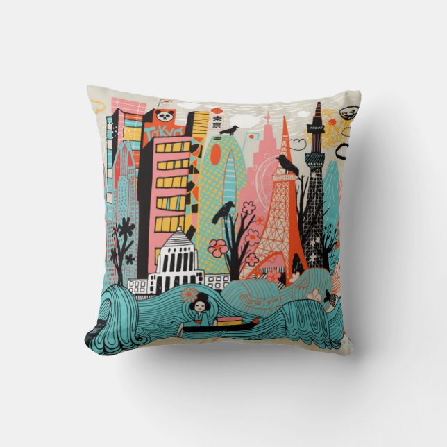 Hand Drawn Tokyo Japan Cushion (Front)