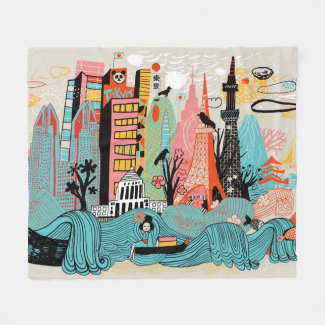 Hand Drawn Tokyo Japan Fleece Blanket (Front (Horizontal))
