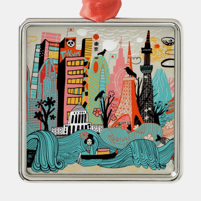 Hand Drawn Tokyo Japan Metal Tree Decoration (Front)
