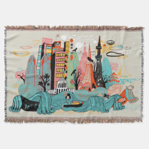 Hand Drawn Tokyo Japan Throw Blanket
