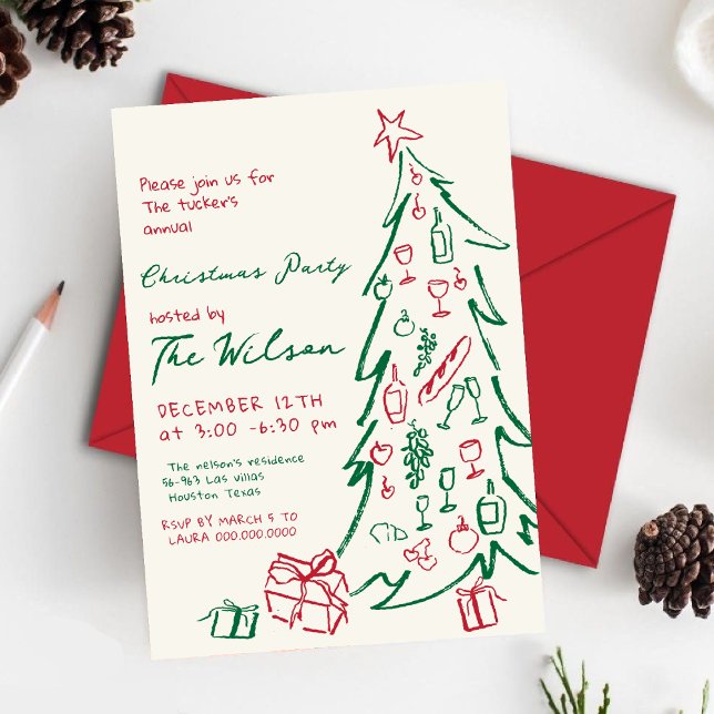  Hand Drawn Tree Red Green Christmas Party Invitation (Creator Uploaded)