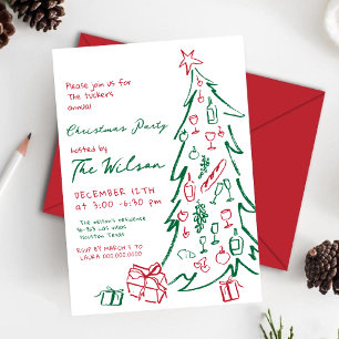 Hand Drawn Tree Red Green Christmas Party Invitation