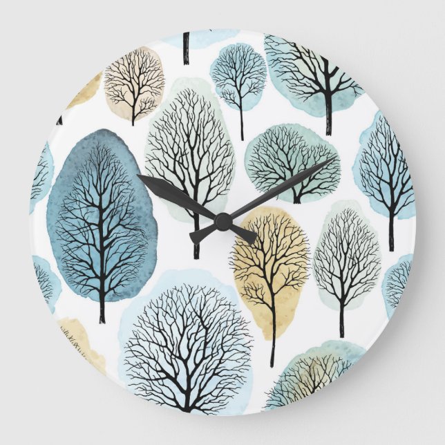 Hand-drawn trees, watercolor spots pattern. large clock (Front)