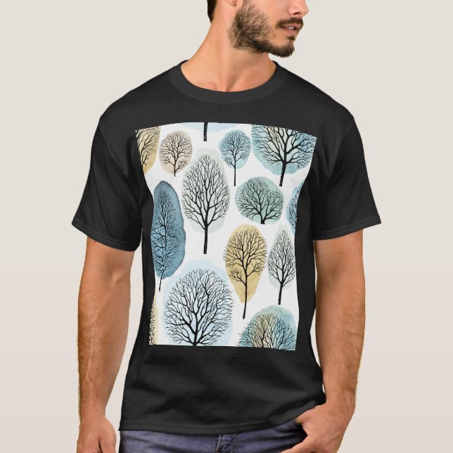 Hand-drawn trees, watercolor spots pattern. T-Shirt (Front)
