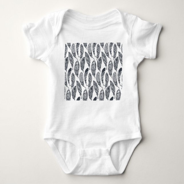 Hand-drawn tribal feathers, vintage pattern. baby bodysuit (Front)