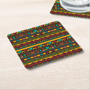 Hand Drawn Tribal Pattern Earth Tones Square Paper Coaster