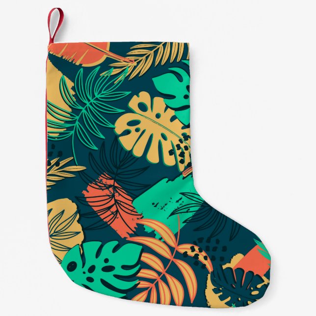 Hand drawn tropic flat pattern. Palm leaves backgr Small Christmas Stocking (Front)