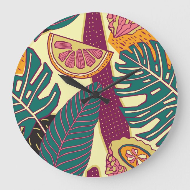Hand Drawn Tropical Bright Pattern Large Clock (Front)
