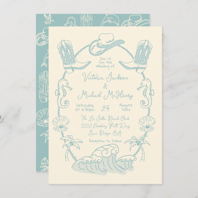 Hand drawn Tropical Coastal Cowboy Beach Wedding Invitation (Front/Back)