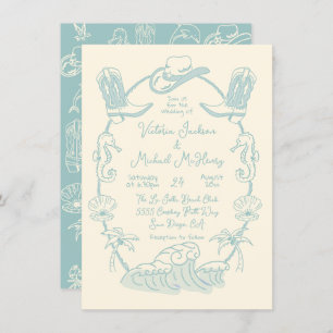 Hand drawn Tropical Coastal Cowboy Beach Wedding Invitation