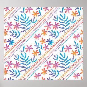 Hand drawn tropical flowers, leaves pattern. poster