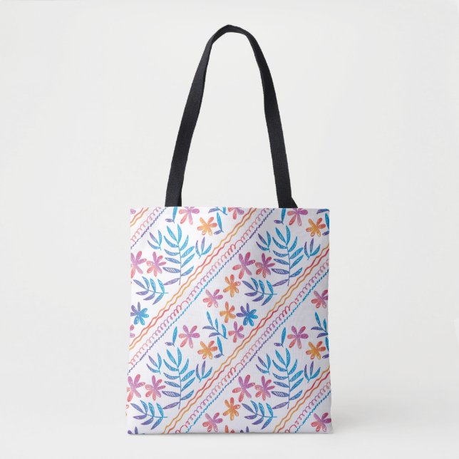 Hand drawn tropical flowers, leaves pattern. tote bag (Front)