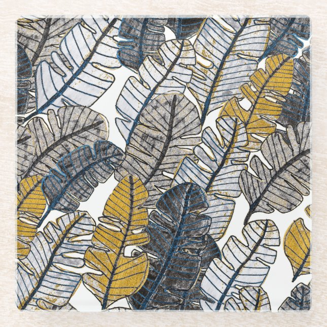 Hand Drawn: Tropical Leaves Glass Coaster (Front)