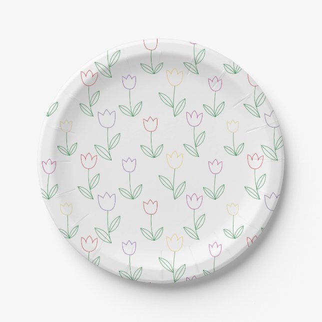 Hand Drawn Tulip Flower Pattern Paper Plate (Front)