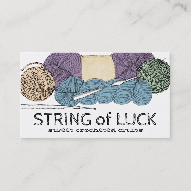 Hand drawn twisted yarn hank skein crochet hooks business card (Front)