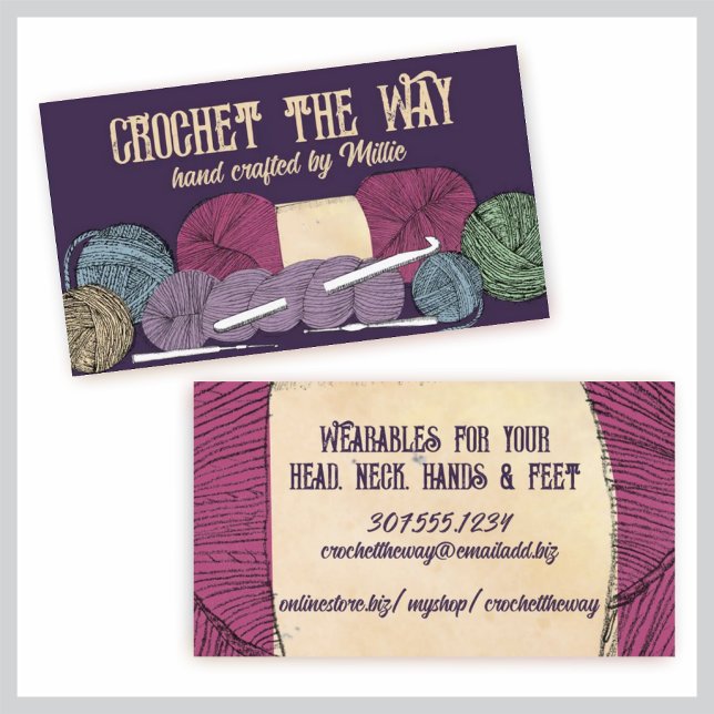 Hand drawn twisted yarn hank skein crochet hooks business card (Creator Uploaded)