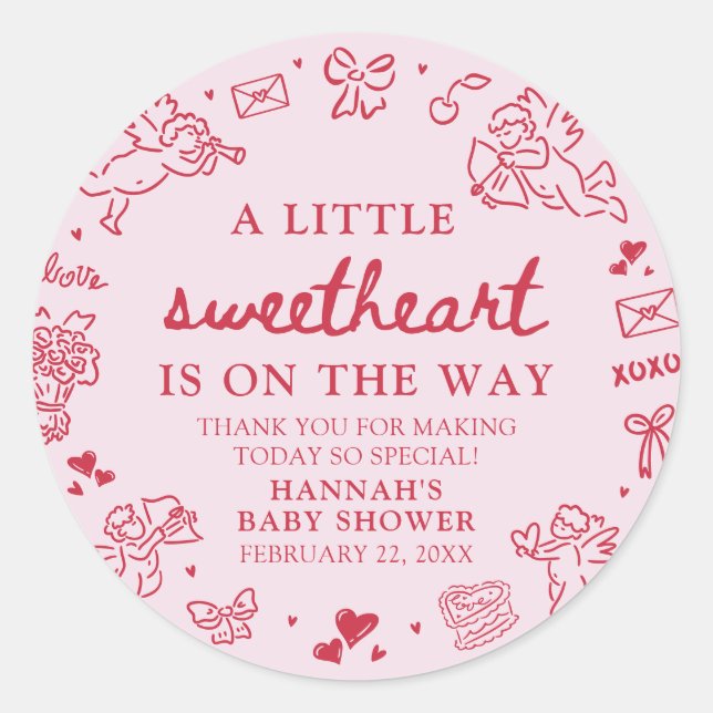 Hand Drawn Valentine Little Sweetheart Baby Shower Classic Round Sticker (Front)